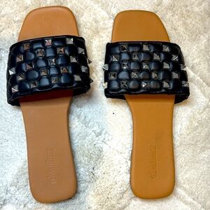 Trendy Square Toe Studded Slip On Sandals